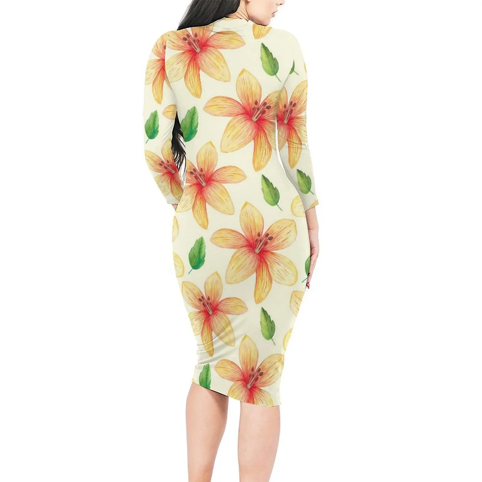 Lelie Jurk Met Bloemenprint Vrouw Gele Bloemen Esthetische Bodycon Jurk Herfst Lange Mouw Elegante Jurken Oversized Vestidos