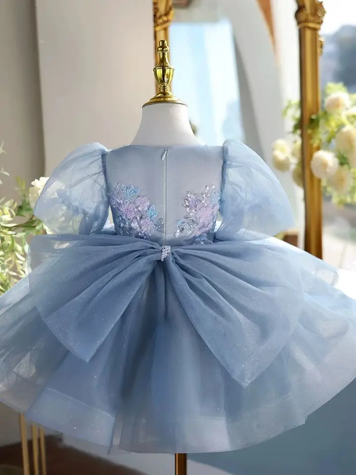 맞춤형 소녀 성찬식 드레스 리본 풀 레이스 플로럴 소매 이중 레이어 플로럴 레이스 미니브라이드 플라워 키즈