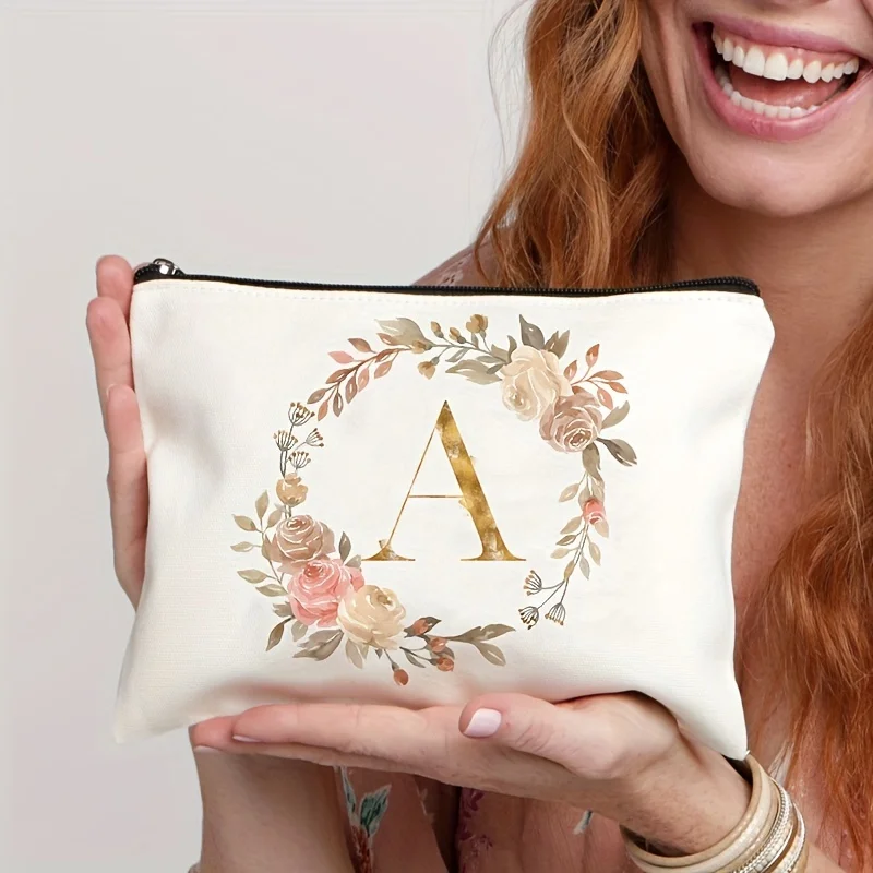 26개의 알파벳 글자를 담은 꽃무늬 미적 패턴 메이크업 가방, 신부 들러리, 교사 및 선물로 완벽합니다.