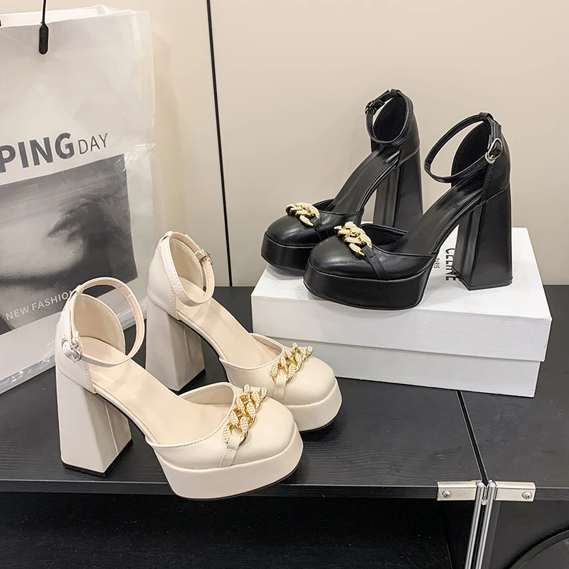 

New 2026 Summer Products Square Head Hollow Thick Heel Leather High Heel Fish Mouth Women Shoes Plus Size Catwalk Sandals Trend