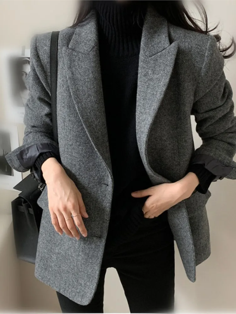 Wool Loose Blazer Coats Women Autumn Winter 2023 Fashion Office Button Up Turn Down Collar Coat Vintage Long Sleeve Chic Jacke