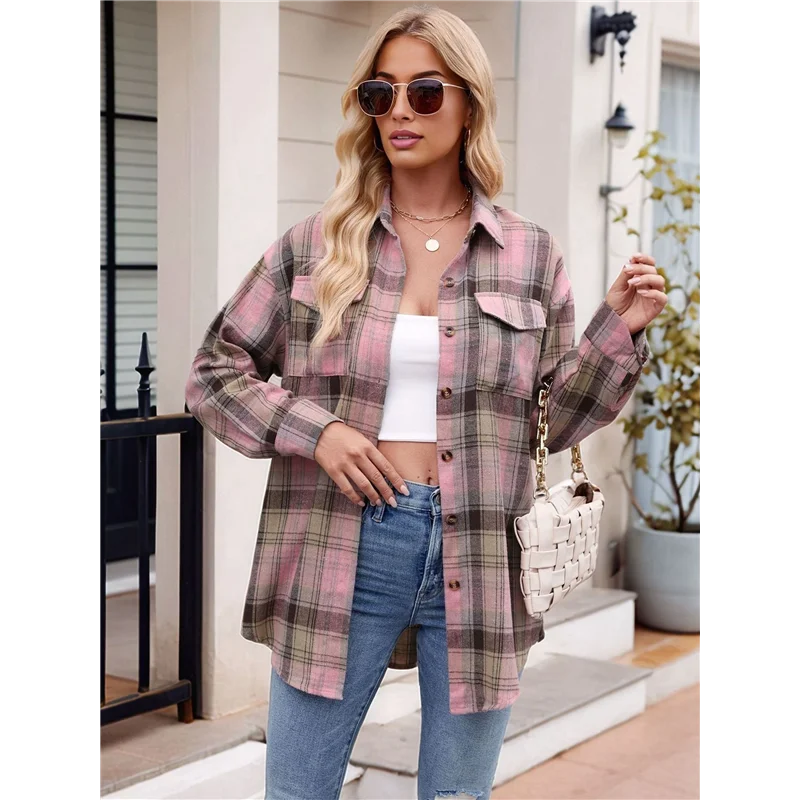 

ASDS-Womens Classic Button Down Plaid Flannel Shirts Long Sleeve Oversized Casual Business Blouse Tops