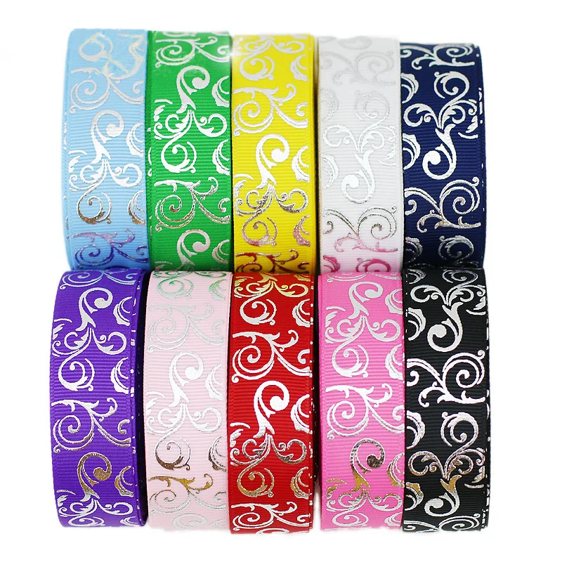 (10 yards/lot) 25mm White Silver Hot stamping grosgrain ribbon gift wedding ribbons - Detail 1