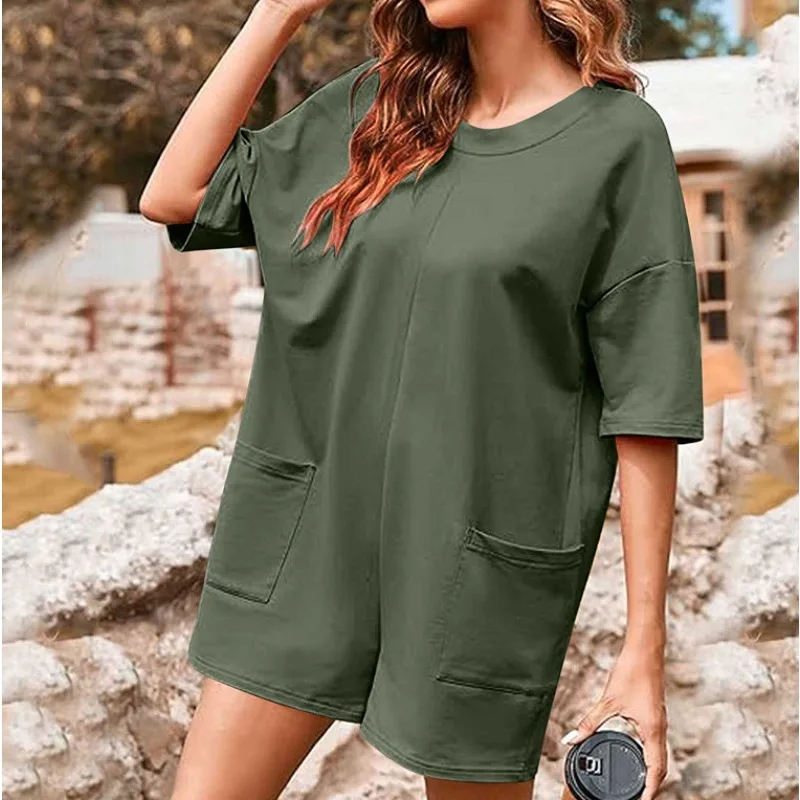 Women\'s V-neck Double Pocket Casual Front & Back Wearing Short Sleeve Jumpsuit 2024 Summer New Fashion Loose Romper for Women