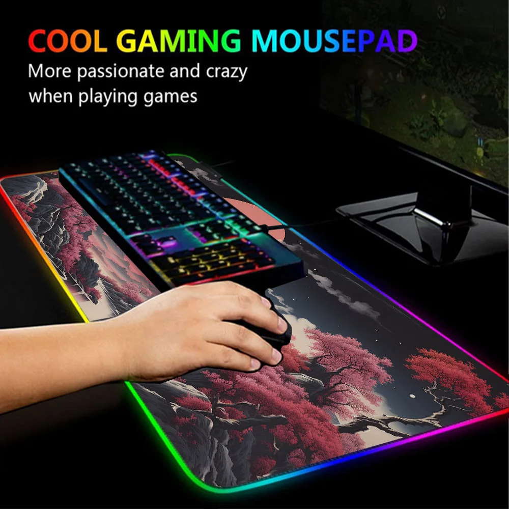 Imagem -02 - Estilo Japonês Led Mouse Pad Paisagens Rgb Sakura Gaming Mousepad Acessórios para pc Suporte Teclado Backlight 1200x600