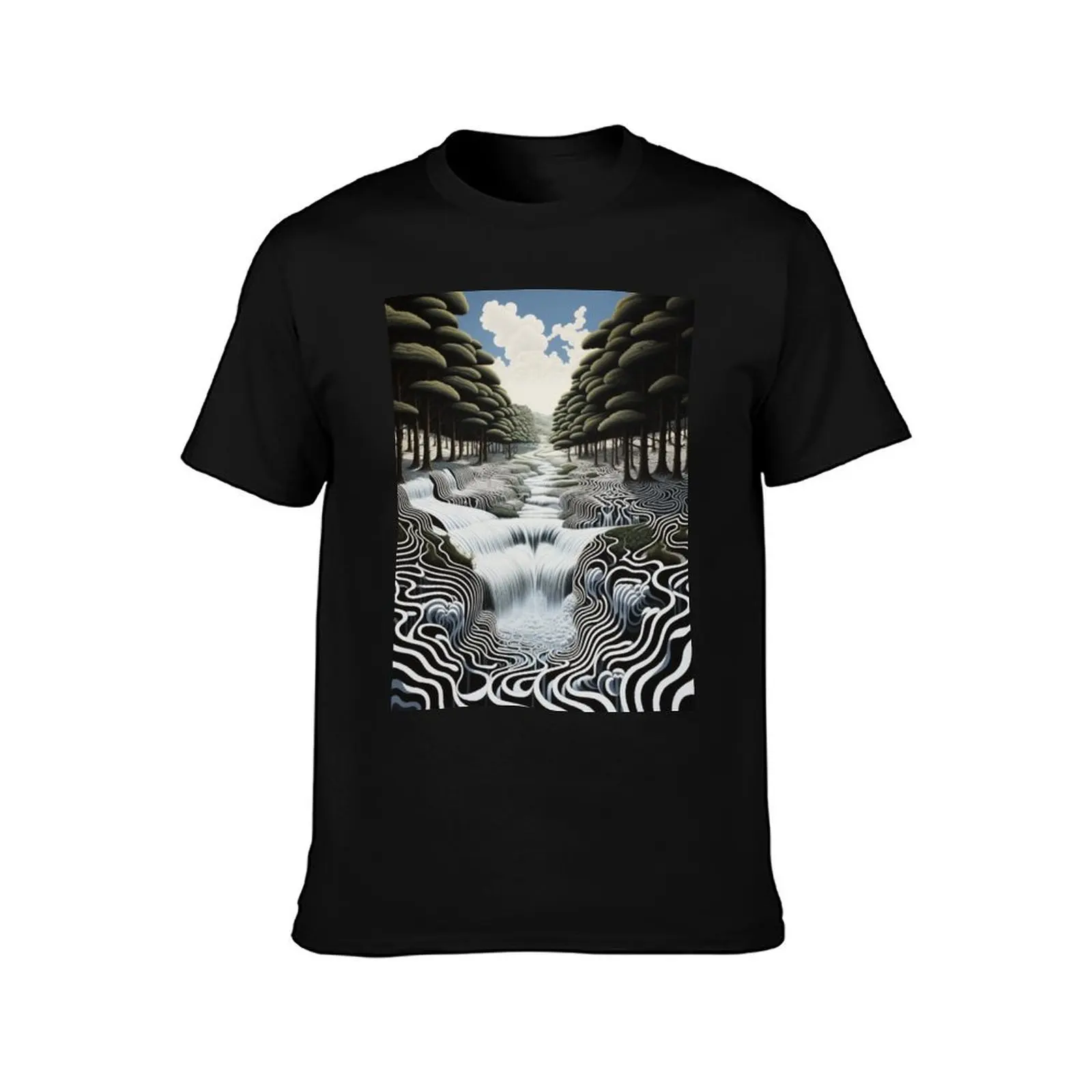 Geometric River Vista: Black and White Landscape with Green Trees and Blue Sky in Op Art Style T-Shirt