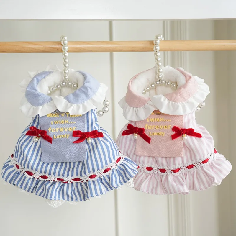 Perro mascota Otoño e Invierno Linda falda de marinero a rayas Ropa para perros pequeños y medianos