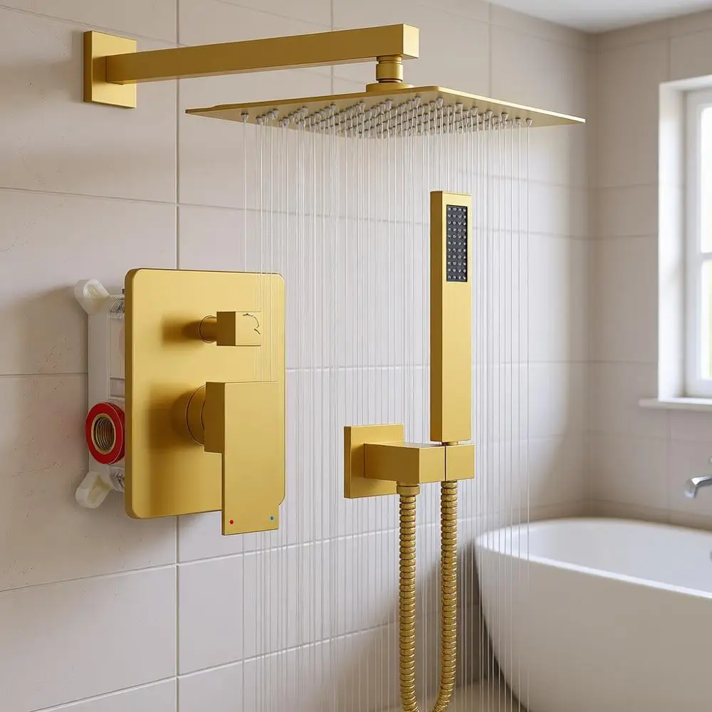 12 Inches Shower Faucet Set with Pure Balance Shower, High Pure Gold Shower and Handle Set, Wall Mounted Shower Fixtures, Brushe