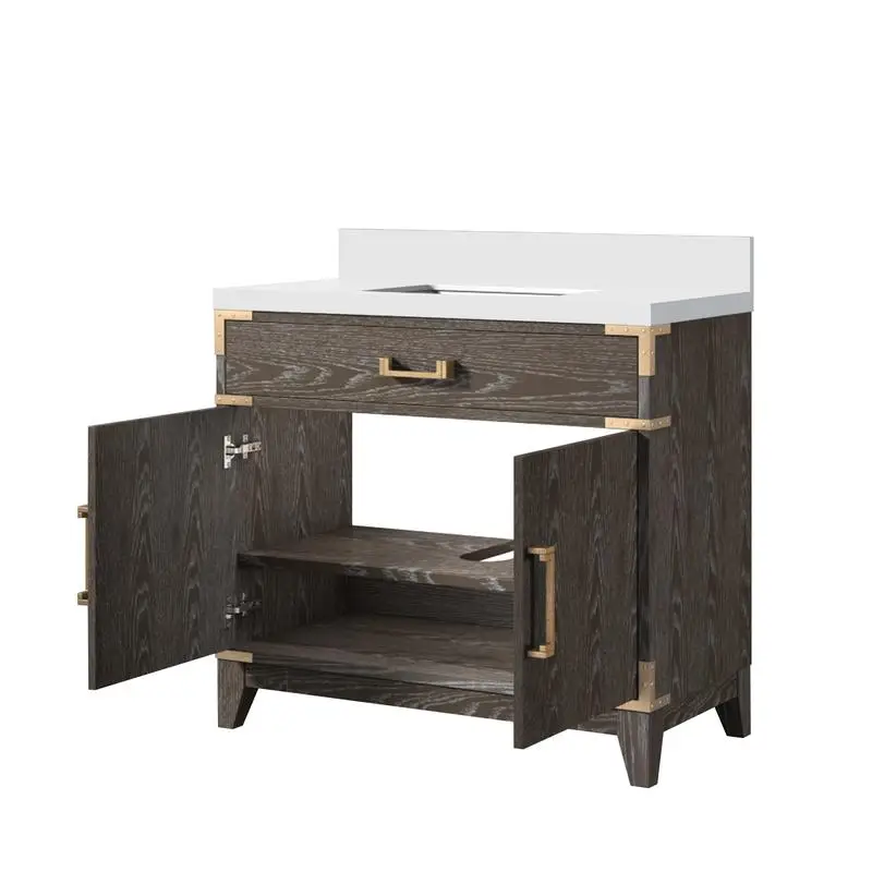 Vanity da bagno singolo in quercia marrone da 36 pollici con piano in marmo coltivato, profondità 22", design moderno per bagni eleganti