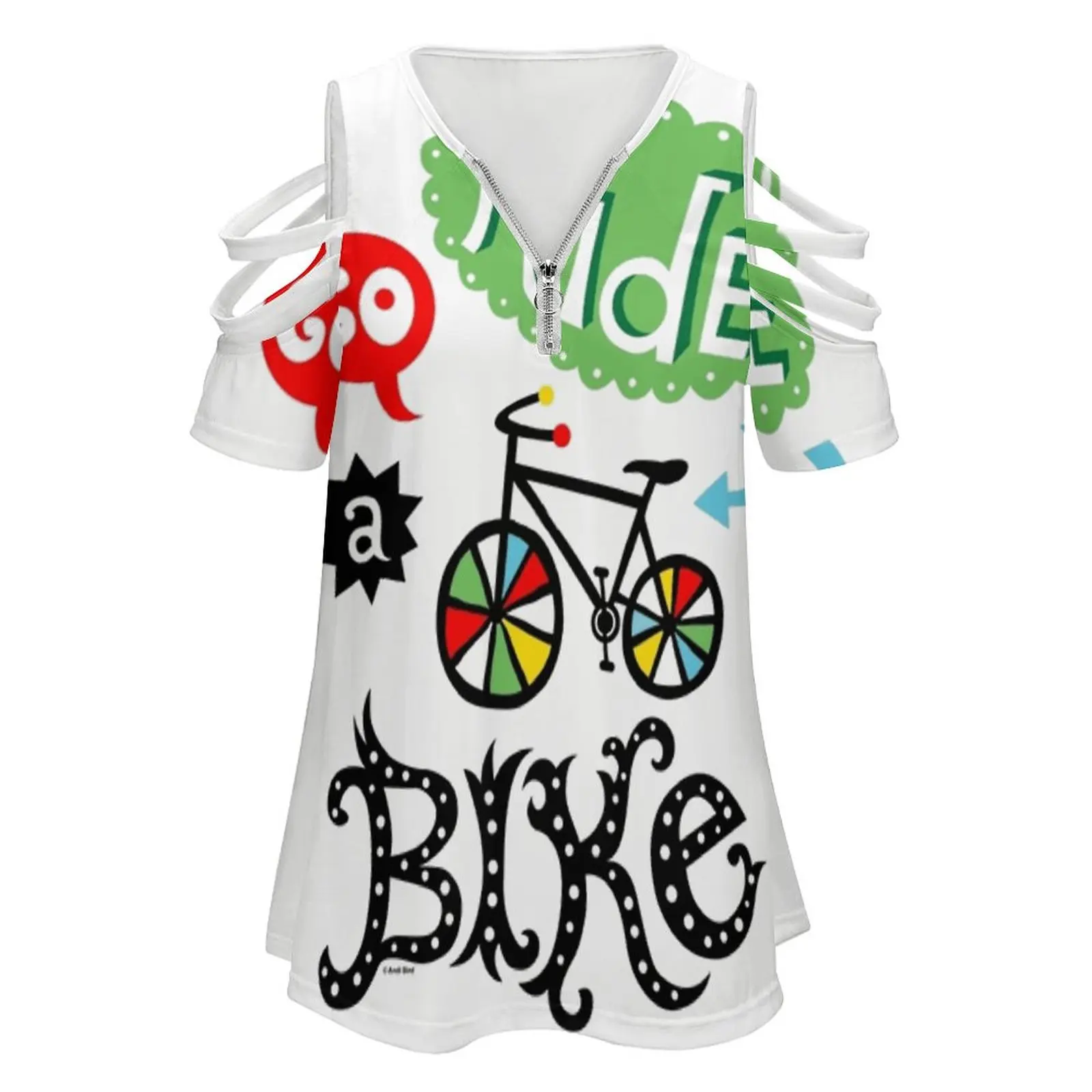 Go Ride A Bike Women's T-Shirt New Fashion Printed Zipper V-Neck Short Sleeve T Shirts Casual Plus Size Bicycles Bicycling