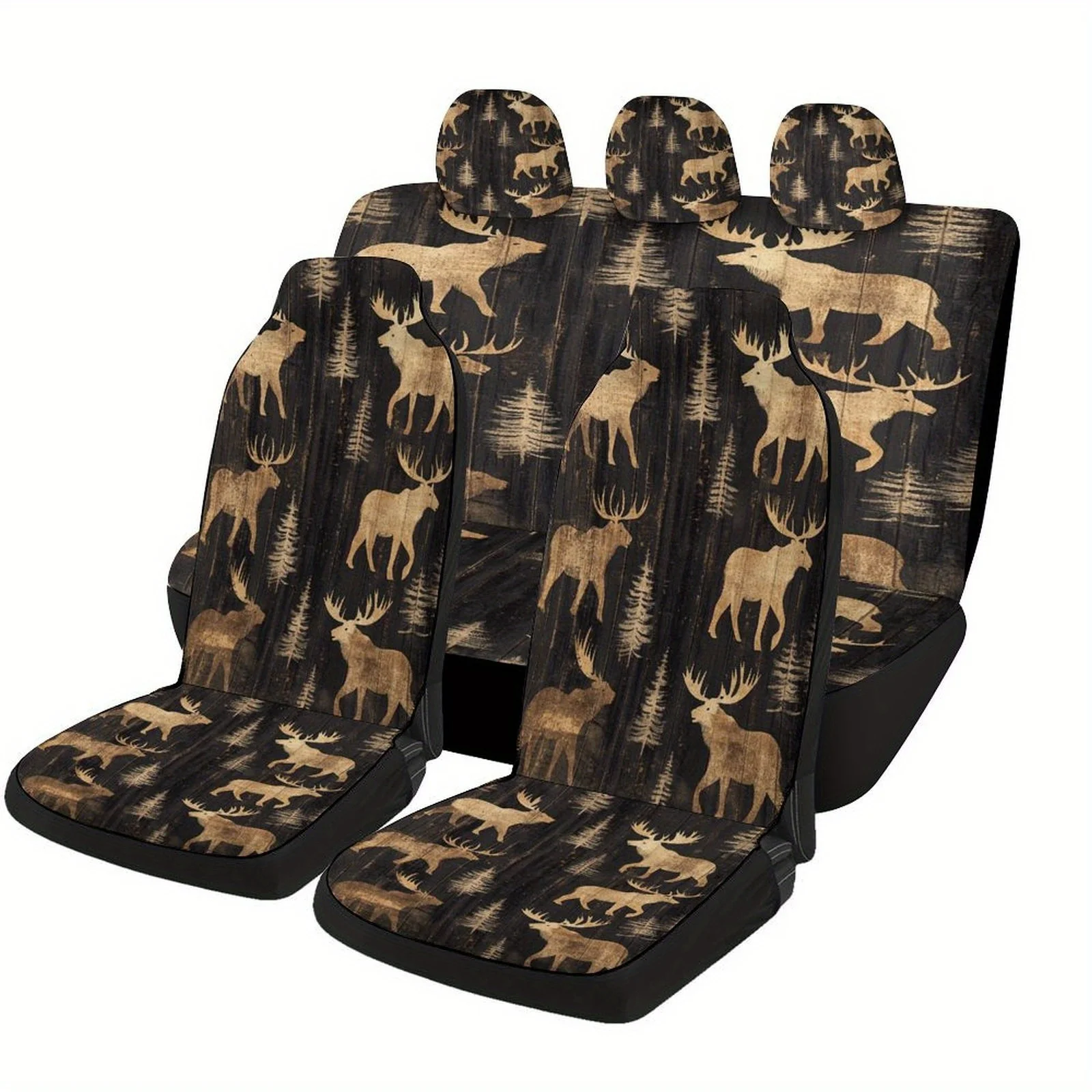 Golden Moose Silhouettes Designed Car Seat Cover Set For Most Cars, High-quality Comfortable Car Seat Protector Covers Full Set,