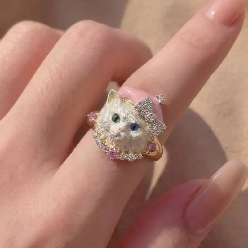 Vivid 3D Puppy Kitten Ring in Crown Bow Enamel Animal Style Ideal for Womens Jewelry Gift