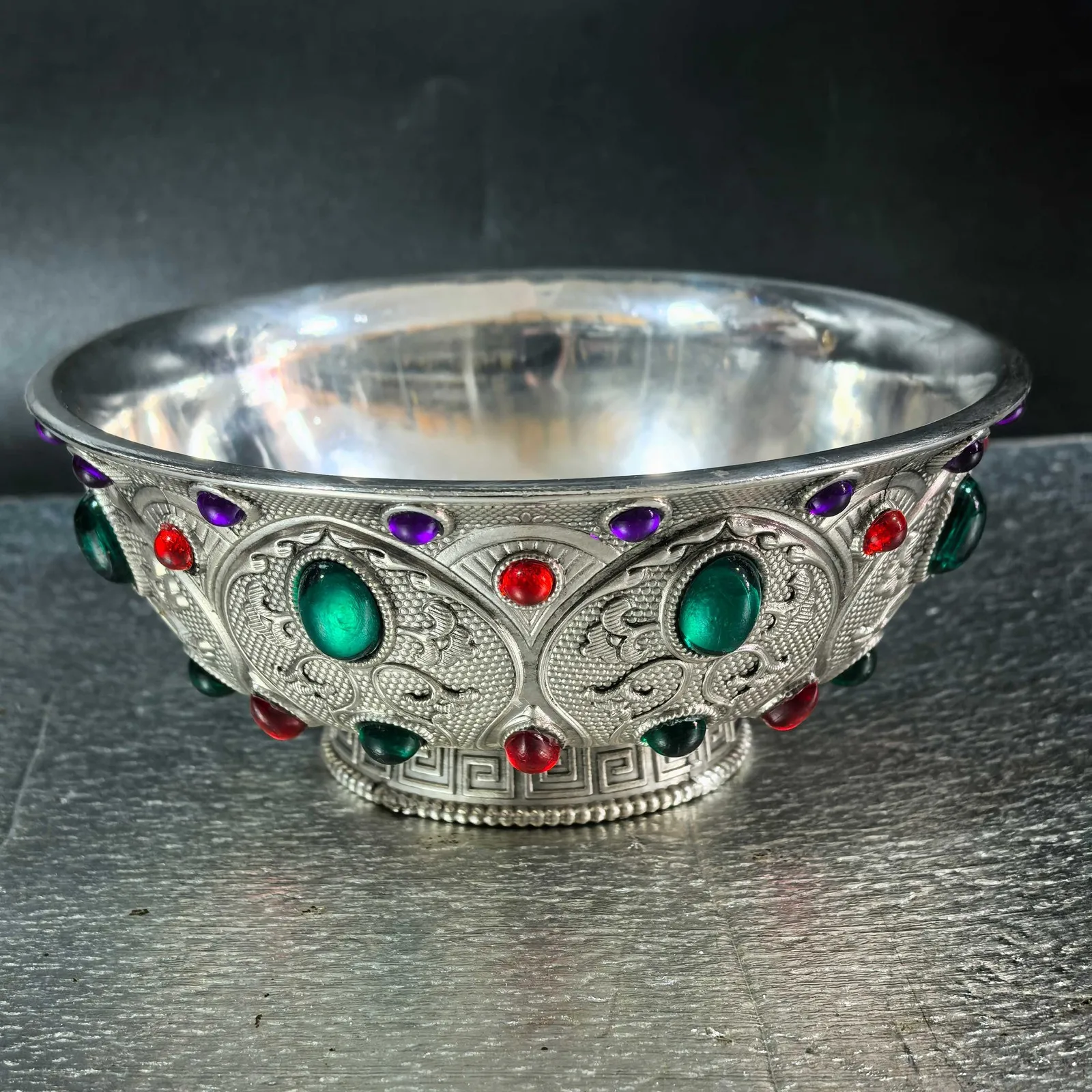 Tibetan Silver Gemstone-Inlaid Bowl, Qianlong Period Antique