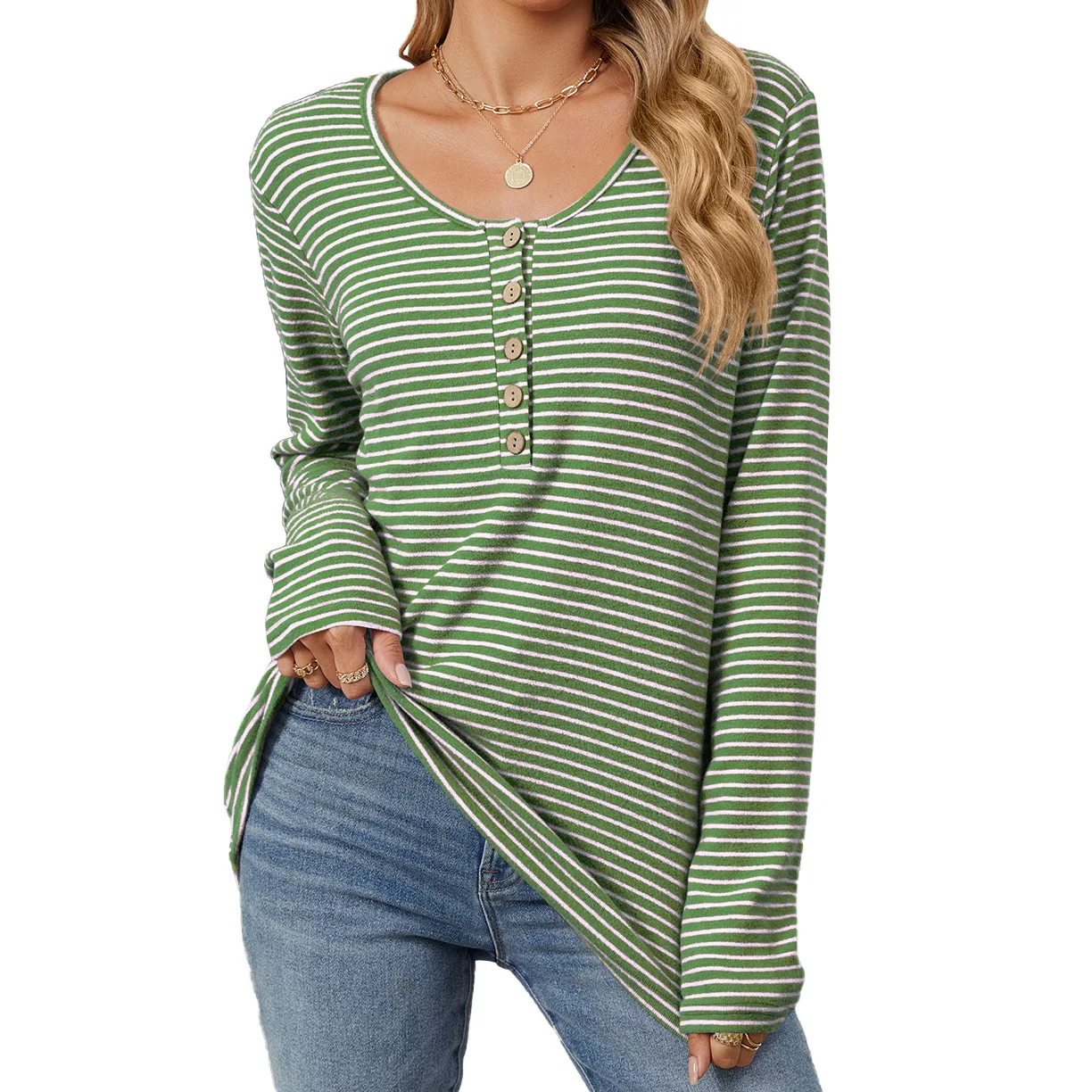 

2025 Women's Striped T-shirt Fashion Spring Autumn Loose Long-length Top O-Neck Button Long Sleeve Tees for Female