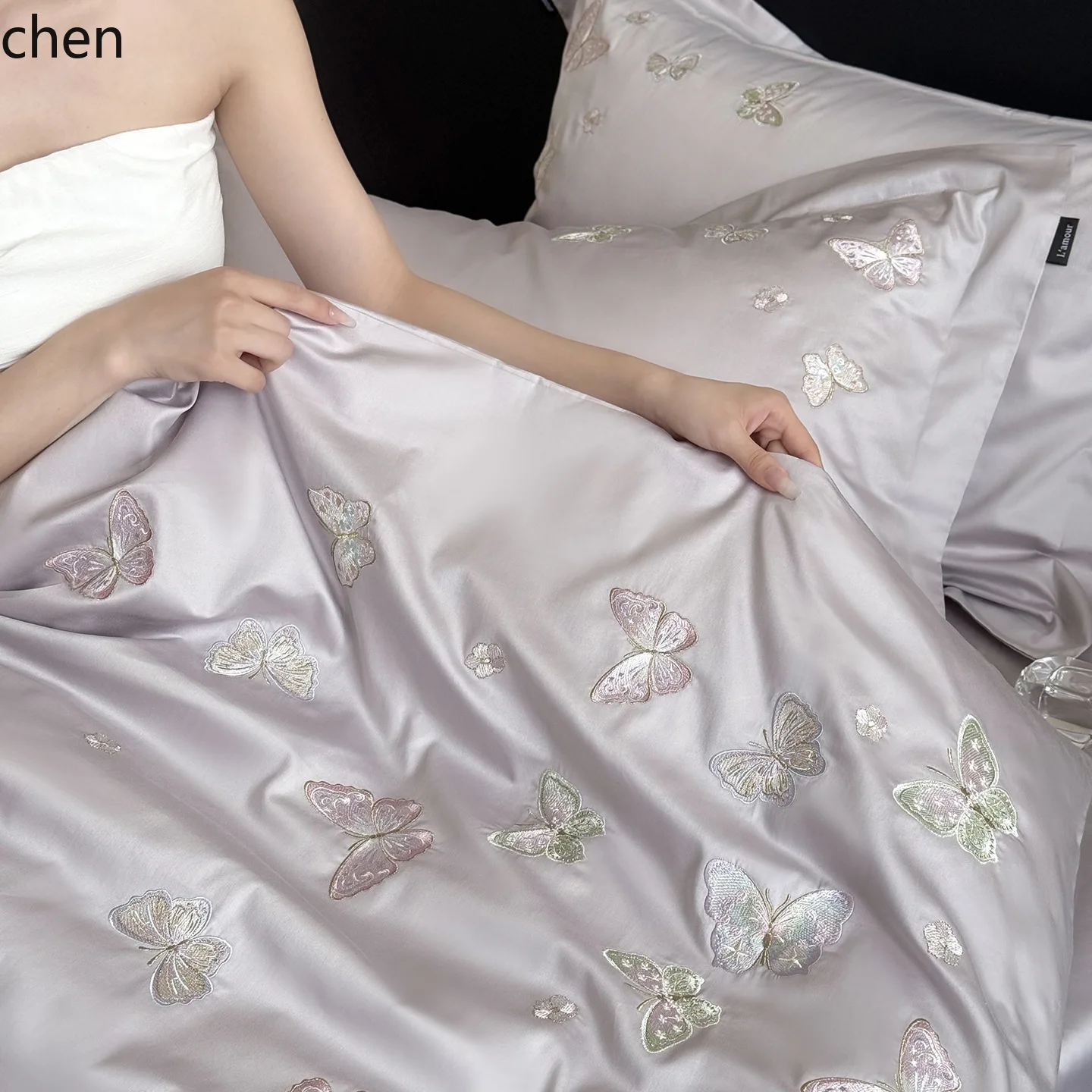 HXL Butterfly Embroidery Long-Staple Cotton Four-Piece Bedding Set, 100% Cotton