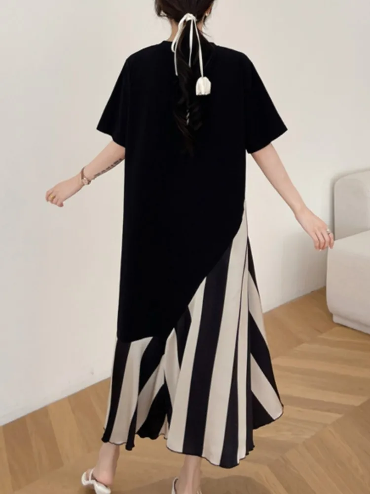 Abito estivo T-shirt a righe patchwork nero Nuovo abito vintage a contrasto con o-collo allentato Moda elegante abbigliamento donna Abiti