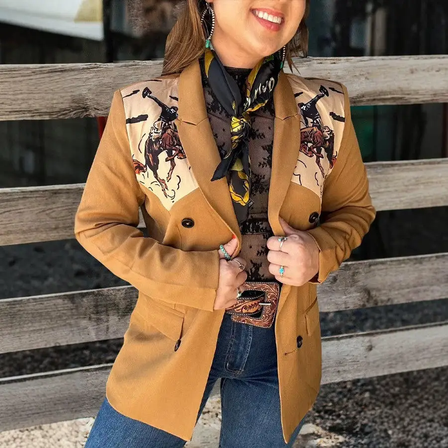 Women's Long Sleeve Digital Print Jacket with Pocket Tailored Fit European Style Fashion Outerwear Autumn Collection 2025
