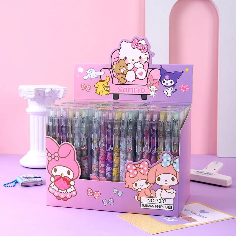 Sanrio 12pcs Cartoon Gel Pen Kawaii Hello Kitty Kuromi Cinnamoroll Stationery 0.5 Black With Metal Hook Office Write Cute Pens