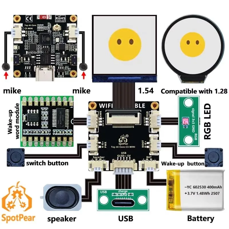 Płytka rozwojowa ESP32 C3 Voice Robot Mini AI DeepSeek Zabawka Lalka Core 1.28 cala 1.54 cala LCD dla Xiao Zhi — zdjęcie produktu 6