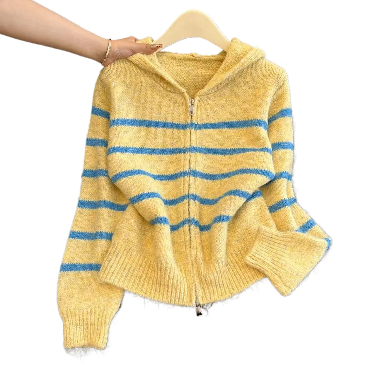 Spring and Summer 2026 New Temperament Wind Contrasting Color Striped Hooded Cardigan Jacket Versatile Zipper Wool Knitted