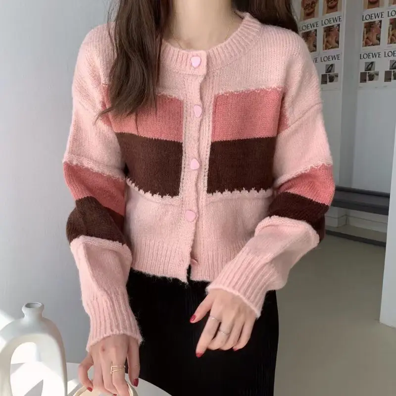 Contrasting Colors Patchwork Knitted Jumpers Autumn Winter Casual Round Neck Female Clothing Single-breasted Vintage Sweaters