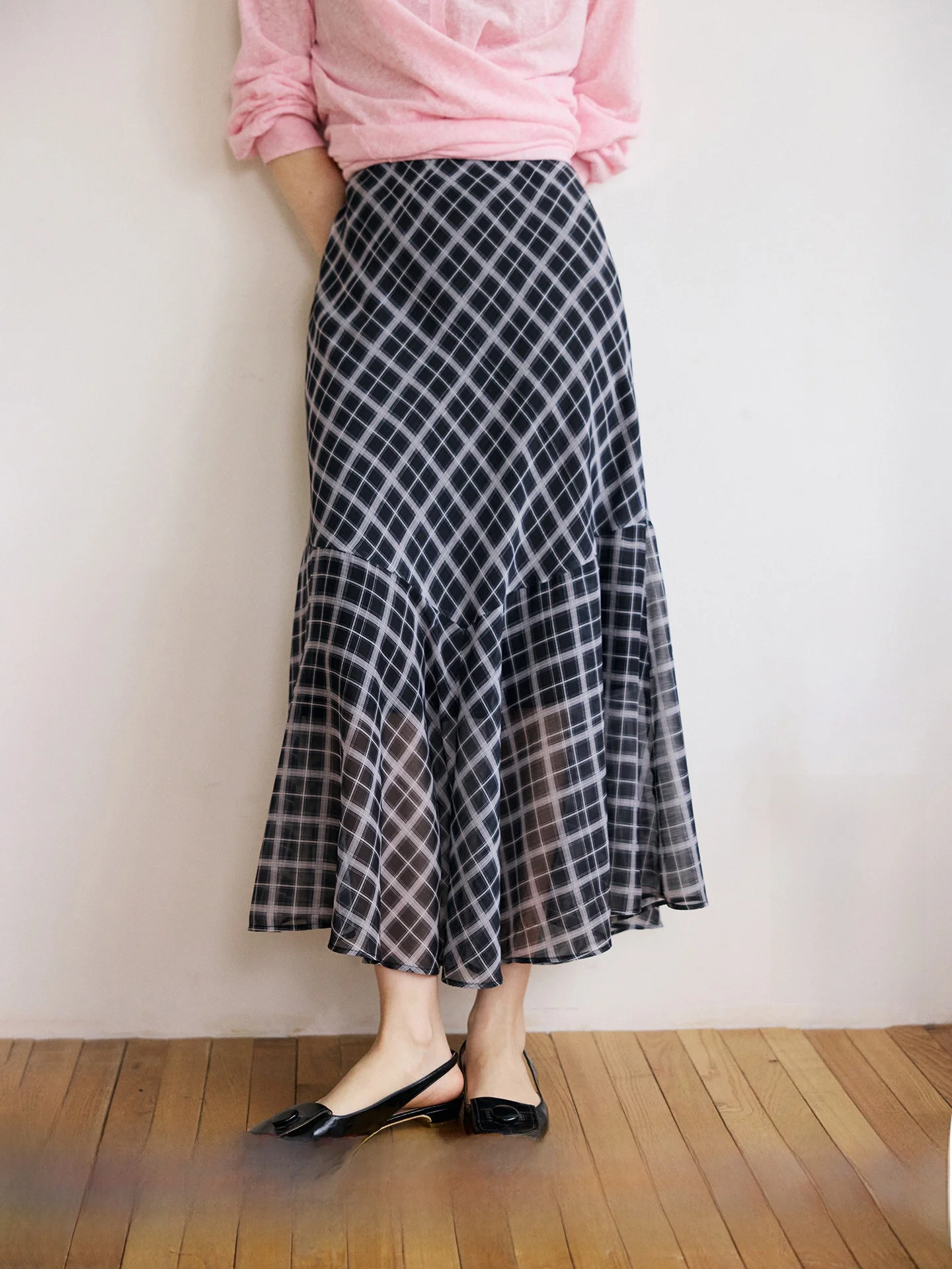 

HeyDr Vintage Plaid f Skirt Women's Spring Asymmetrical Splicing Fi Tail Skirt Drifting Design Sense Skirts