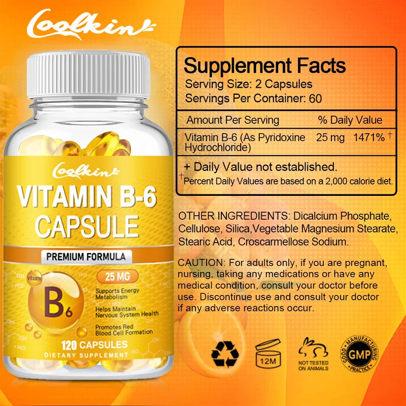 Vitamin B-6 Capsules - Benefits Nervous System and Cardiovascular Health, Supports Energy Metabolism, and Enhances Immunity