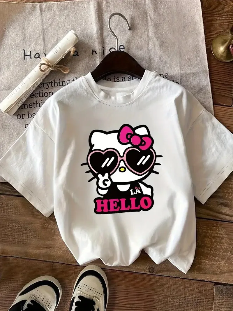 

Hello Kitty Heart Sunglasses Print Cotton Tee Trendy Printed Brand Pure Cotton T-shirt Short Sleeve Unisex Round Neck Versatile