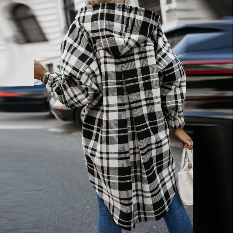 Winter New Casual Checkered Contrast Printed Hoodies Fashion Irregular Long Sleeved Women's Coat Chic Side Split Lady Streetwear