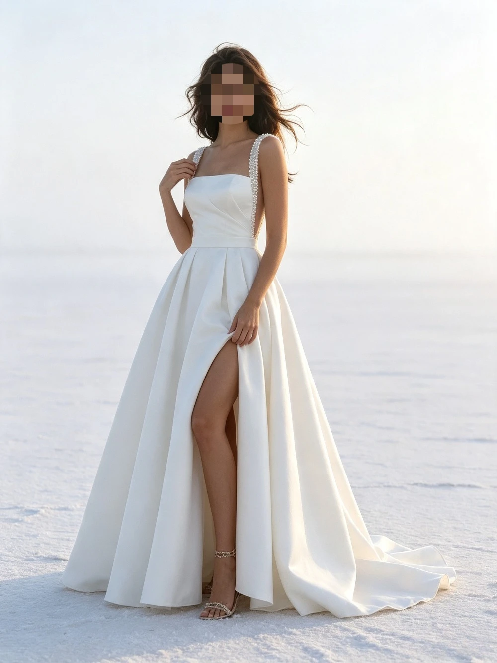 Customized Light Luxury Beaded Square Neck Satin A-line High Seam Wedding Dress 2026 Elegant Waist Cinched Pleated Bridal Gown