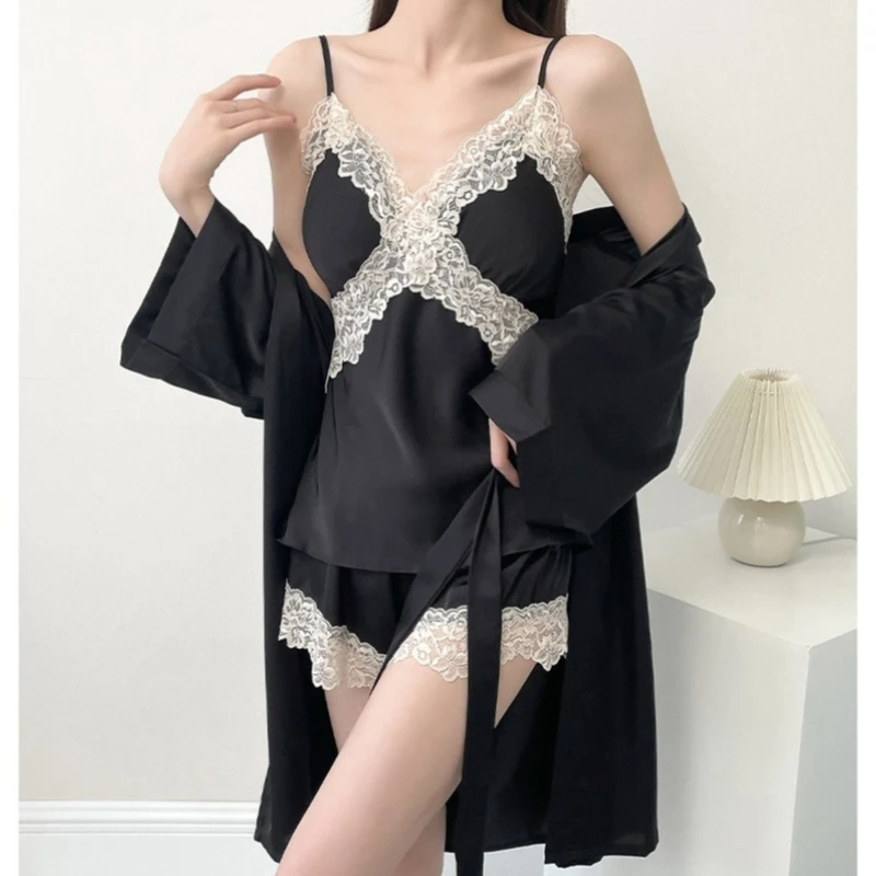 

Female 3PCS Pajamas Suit Sexy V-Neck Strap Top&Pant Pijamas Summer Lady Pyjamas Set Lace Nightwear Sleepwear Intimate Lingerie