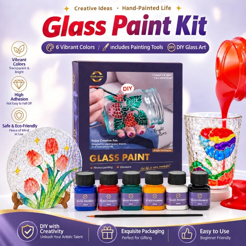 6 Colors Glass Paint Set Transparent Waterproof Pigment for Kids Hand-painted DIY Glass Painting Comes with Brushes Art Drawing