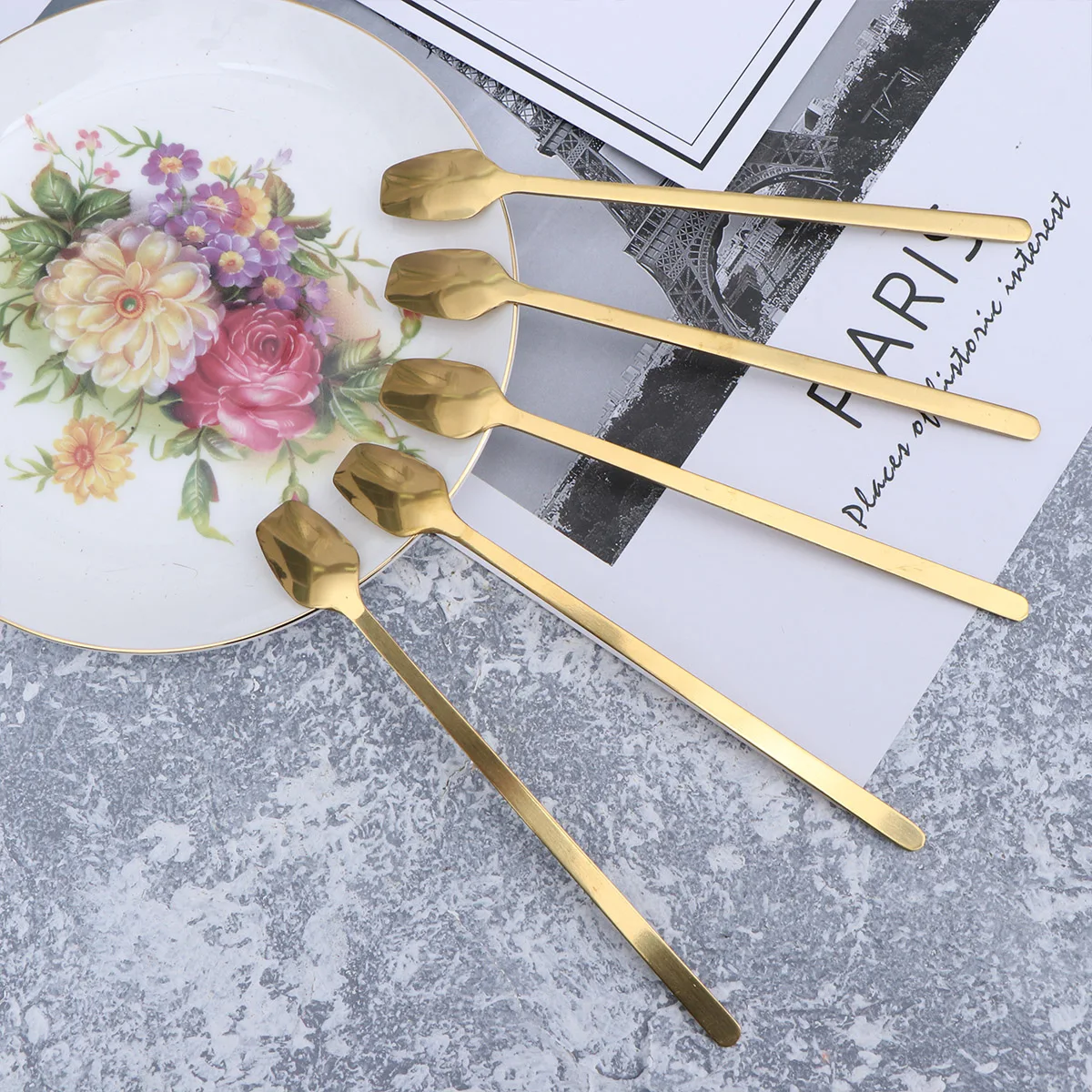 

5PCS Long Handle Stainless Steel Gold-plated Square Bowl Mixing Coffee Ice Spoons Kitchen Bar Cafe Restaurant Tools