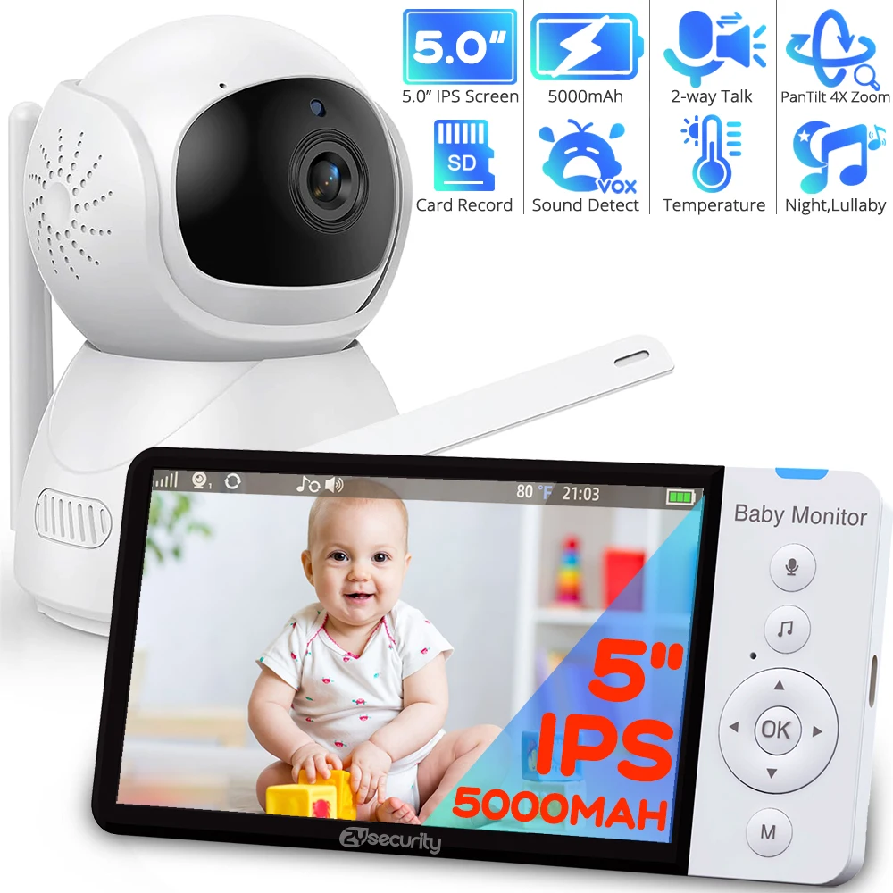 Video-Babyphone Mit PTZ-Nanny-Kamera für Kinder 5-Zoll-IPS-Bildschirm 5000-mAh-Akku Babyphone Automatische Nachtsicht Zwei-Wege Gegensprechanlage SD-Kartenaufzeichnung Babymonitore