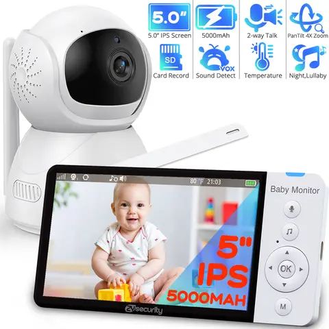 Cdycam 새로운 3.5 인치 무선 비디오 베이비 모니터 나이트 비전 온도 모니터링 2 웨이 오디오 토크 베이비 보모 보안 카메라 Best5 11 비디오 베이비 모니터 어린이용 PTZ 보모 카메라 포함 5인치 IPS 스크린 5000mAh 배터리 아기 전화 자동 야간 투시경 양방향 인터콤 SD 카드 기록 베이브 모니터
