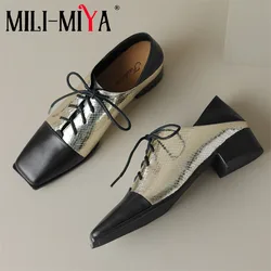 MILI-MIYA Fashion Metallic Microfibre Mixed Color Women Cow Leather Pumps Square Toe Thick Heels Classic Lace Up Casual Street S