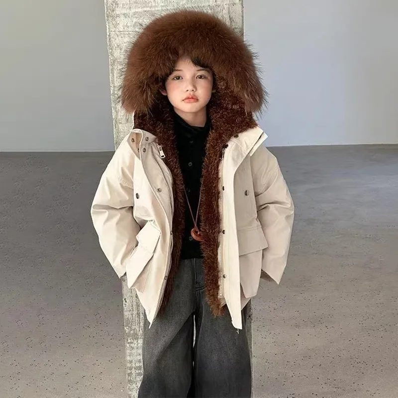 -30°C Boys' Down Jacket Mid-length Winter Thickened Real Fur Collar Parka Warm Hooded Girls' Down Jacket Kids Top 130-170cm