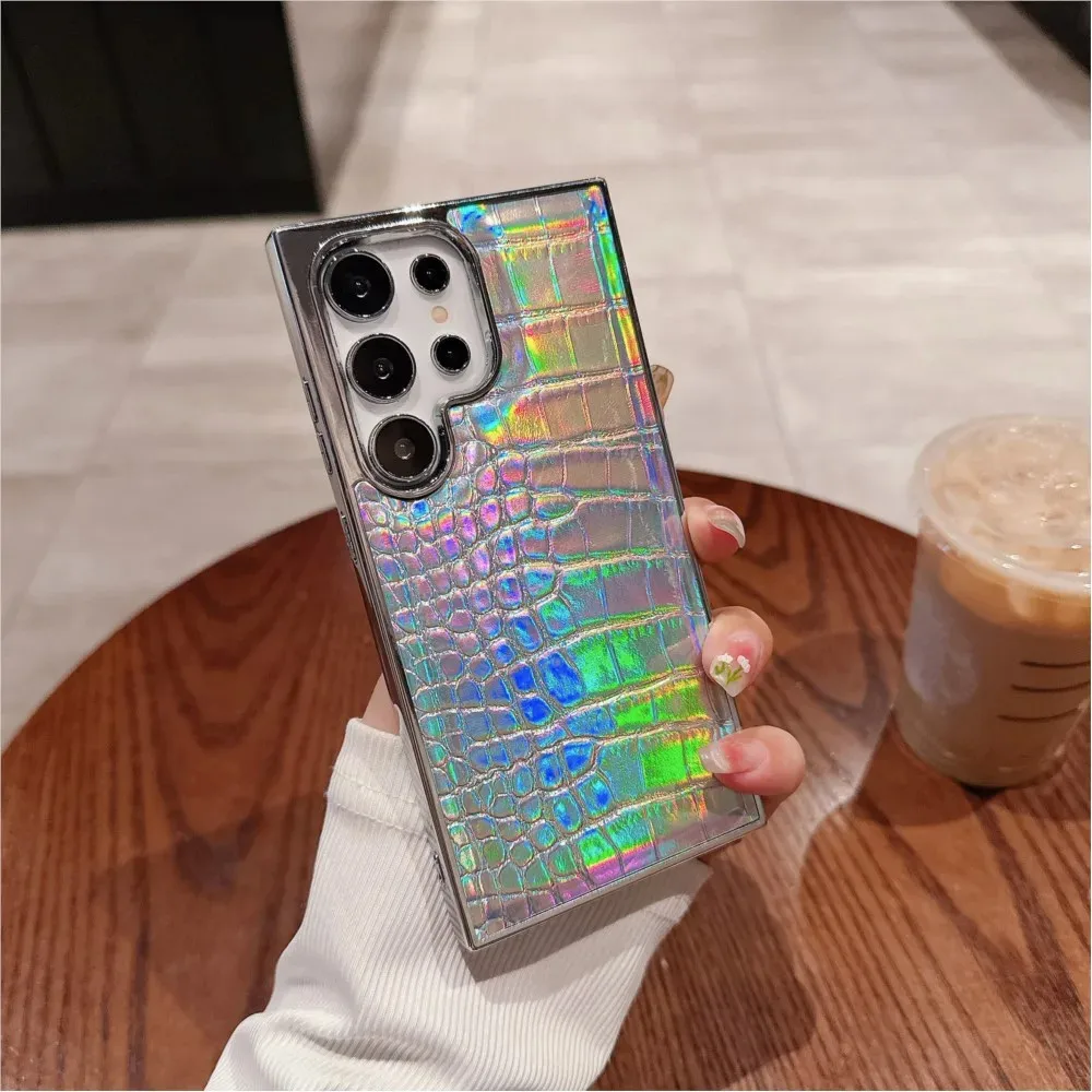 

Luxury Gradient Crocodile Pattern Leather Laser Case For Samsung Galaxy S25 S24 S23 Ultra Plus Aurora Color Plating Hard Cover