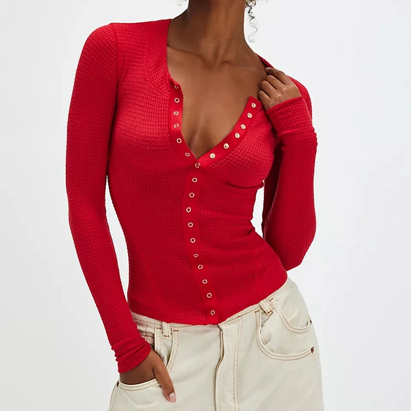 Women Waffle Long Sleeve Button Up Sheer Tees Shirt Y2k Boutique Going Out Slim Fit Cardigan Coat Tops Irregular Hem Blouse