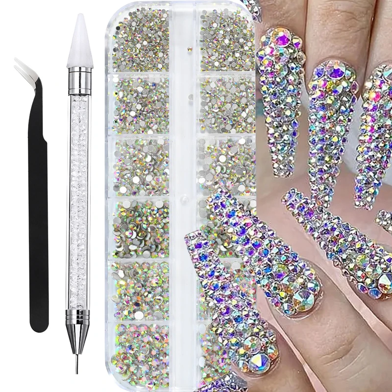 3 unids/set de diamantes de imitación AB de varios tamaños para decoración de uñas, gemas de fondo plano, piedras Strass para decoración de uñas DIY con crayones y pinzas, suministros para uñas *