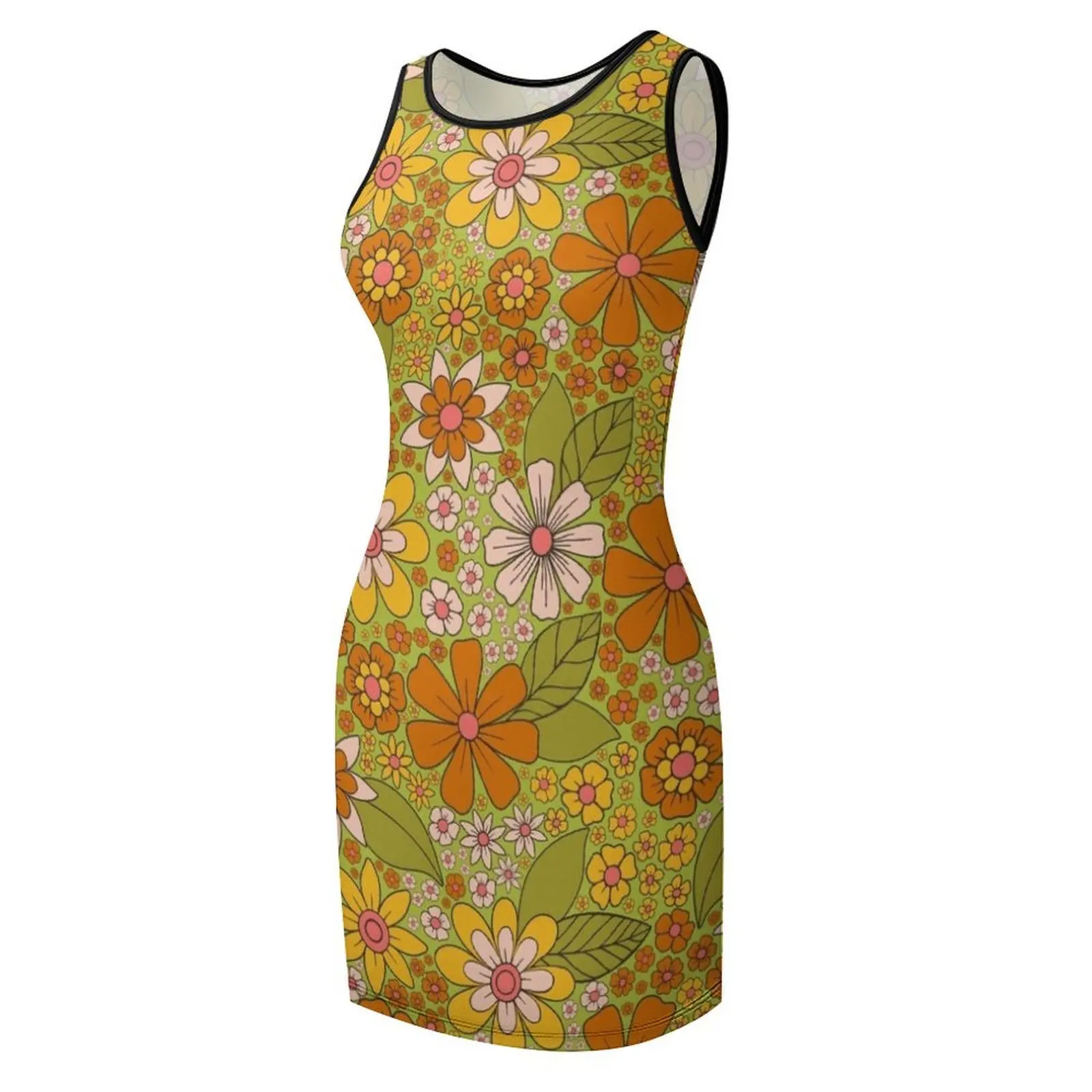 1960年代、1970年代のレトロな花柄、グリーン、ピンク、オレンジ - フラワーパワー ノースリーブ サンドレス ビーチ衣装 女性用 夏服