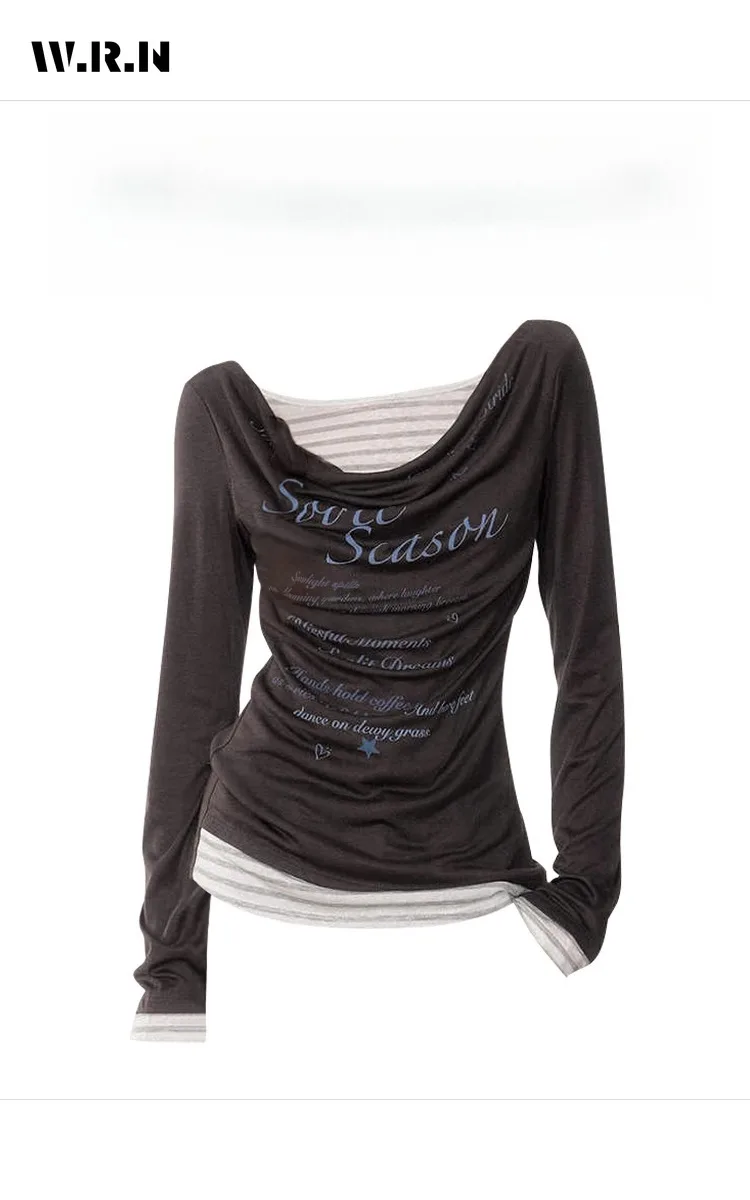 

2025 Winter Sexy Casual Letter Print Long Sleeve Round Neck T-Shirts Women's Hotsweet Patcwhork Striped Top Fashion Style Tees