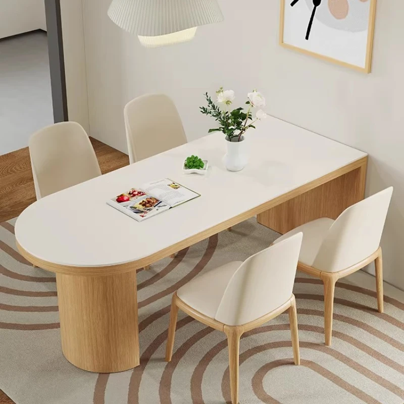 

Solid wood rock slab dining table household small apartment modern simple light luxury log cream wind semi-round island table ag