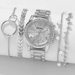 5pcs Quartz Watch Set Women Fashion Silver Round 3 Eyes Alloy Strap Watch Gift Rhinestone Watch Women Jewelry Set