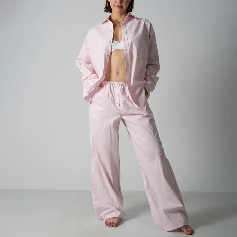 

Широкая одежда для сна из чистого хлопка в розовую полоску, женская свободная повседневная верхняя одежда, комплект длинных брюк, удобный осенний уличный стиль