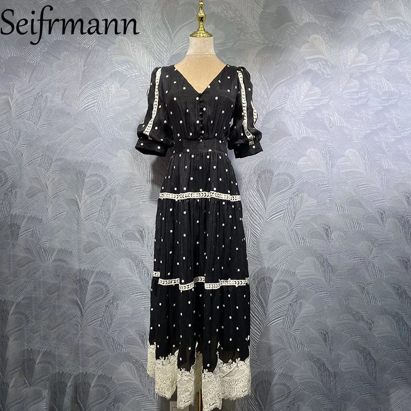 Seifrmann 2026 Frühling Damen Neue Mode V-Ausschnitt Kurzarm Patchwork Wasserlösliche Blumen Tailliertes Langes Kleid