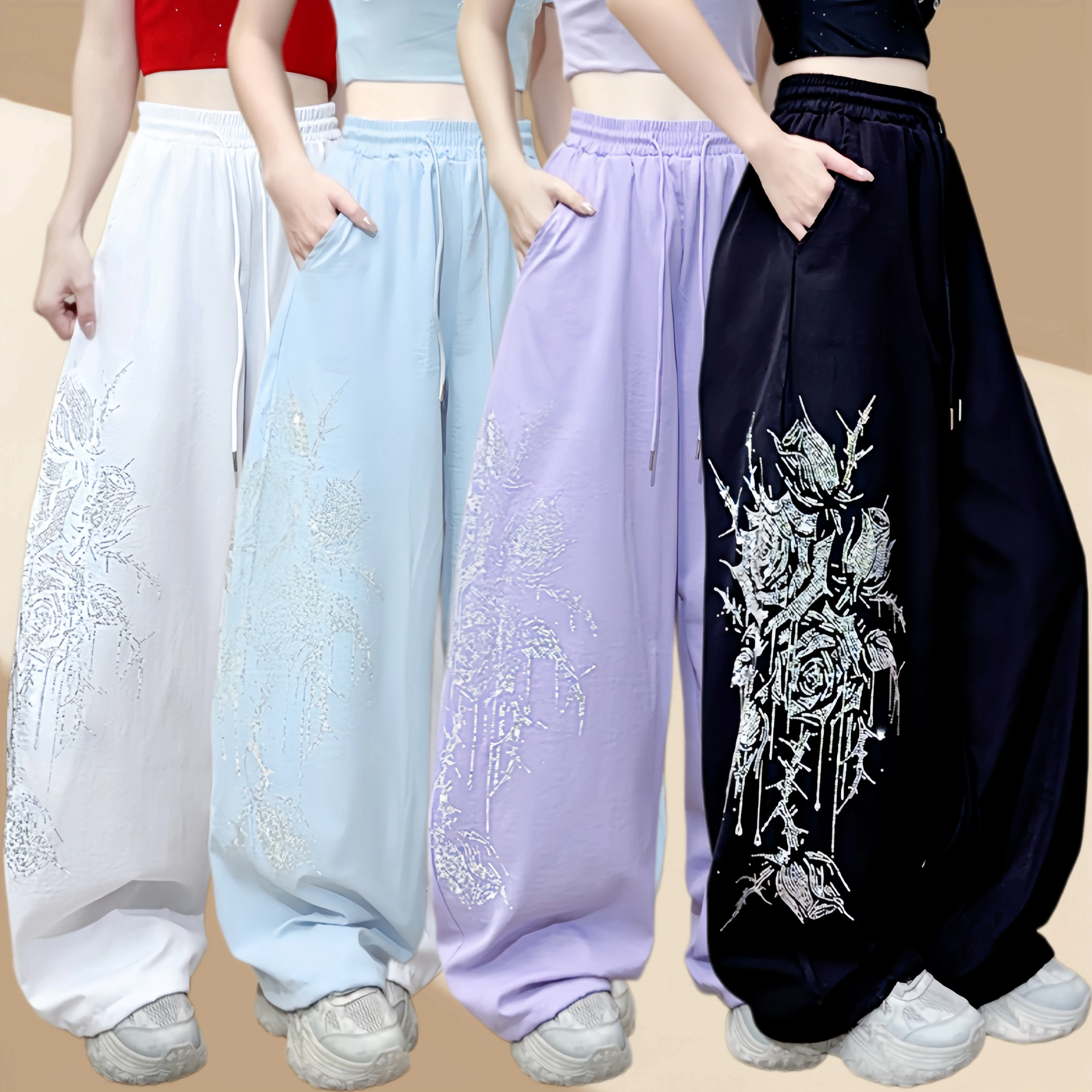 cool-summer-square-dance-rose-wide-leg-pants-women's-design-sensation-casual-sports-long-trousers-multi-color-drawstring