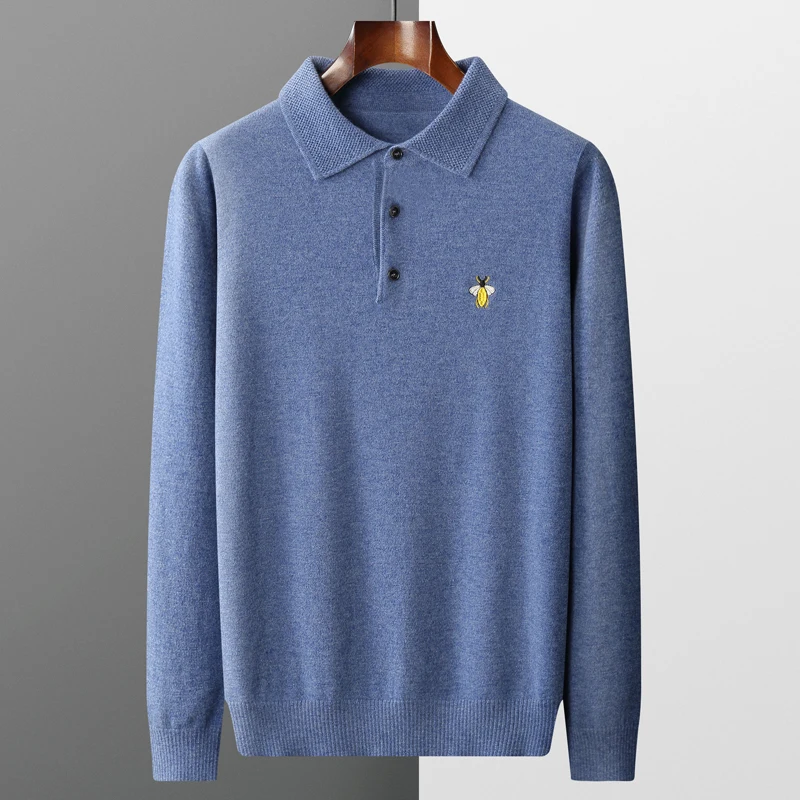 100% pure wool sweater male POLO neck sweater bee embroidery lapel cashmere sweater knitted bottoming shirt business leisure.