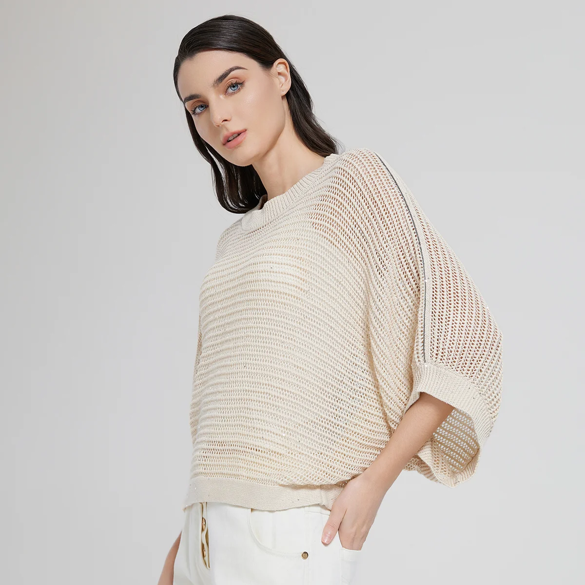 BC1029 High quality luxury women\'s clothing linen spring and summer hollow sequin knitted sweater