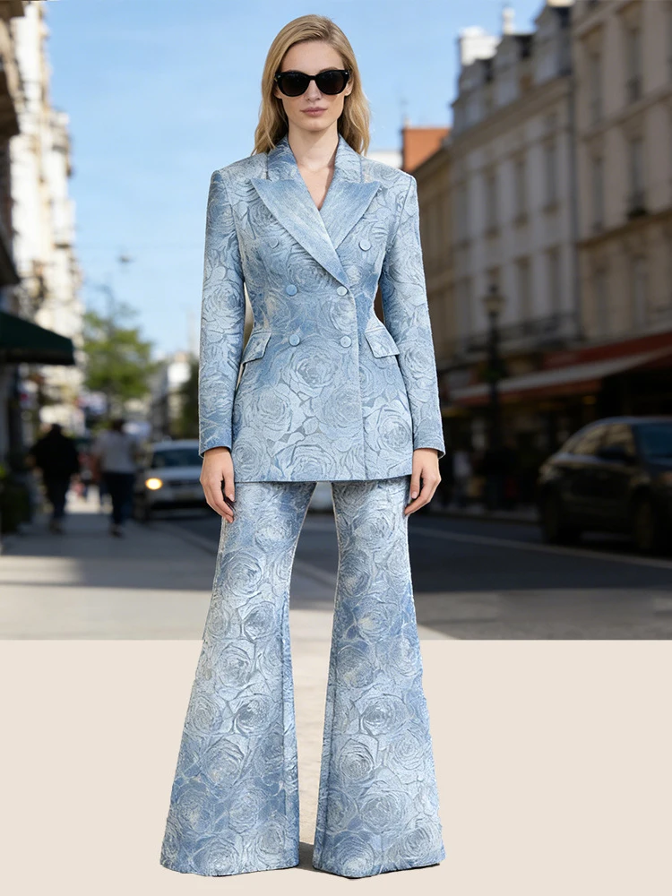 

New Women's Blue Rose Jacquard Denim Blazer & Wide Leg Pants Suit Set Elegant Office Business Formal Two Piece Outfit